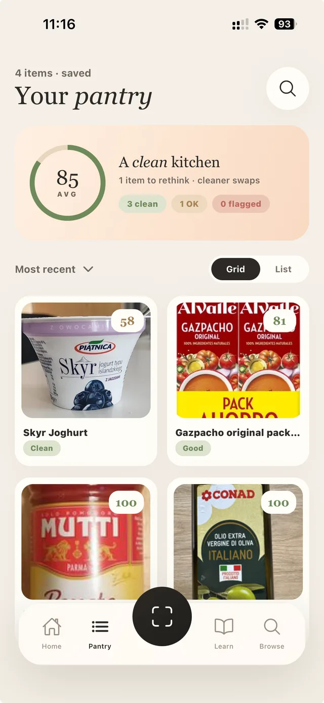 Lychee app pantry tab listing scanned foods with scores