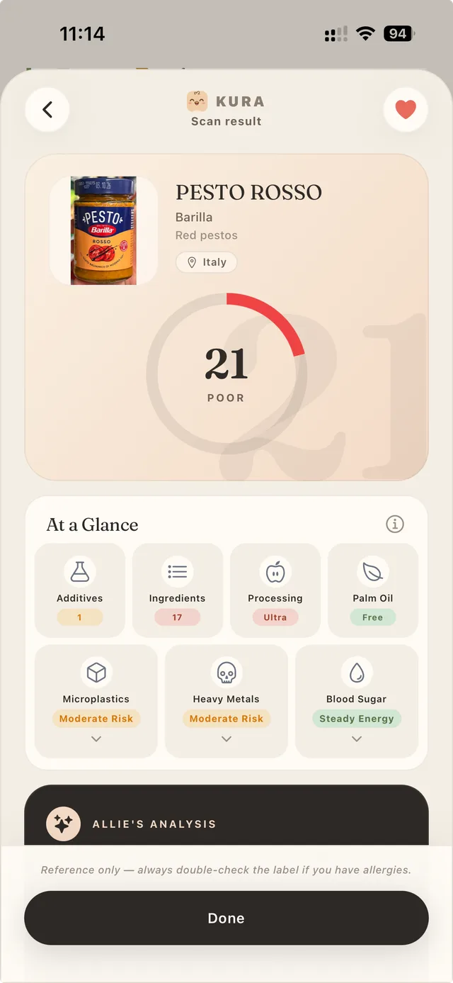 Lychee food scanner app showing a scanned product's health score